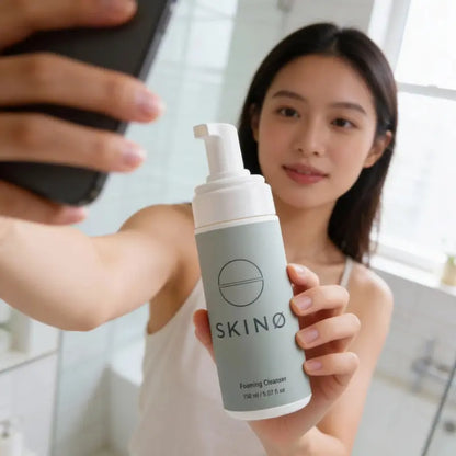 Rengöringsskum för ansiktet, SKINØ Foaming Cleanser används av modell för att visa den silkeslena texturen.