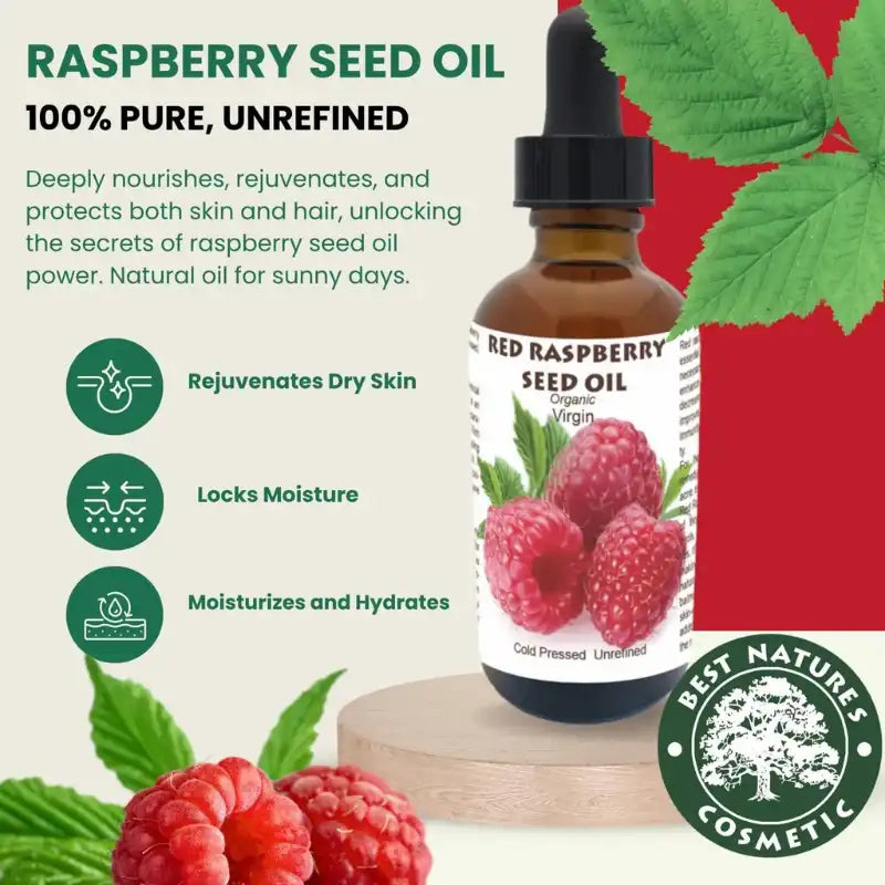 100% ren och orefinerad olja – Kallpressad Virgin Raspberry Oil som föryngrar torr hud och låser in fukt.