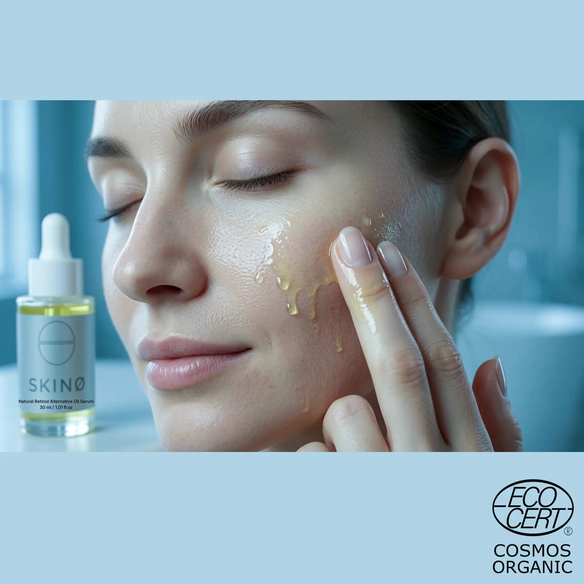 Kvinna applicerar SKINØ Natural Retinol Alternative Bakuchiol Oil Serum mot ansiktet – synlig glow-effekt och mjuk hud, naturligt retinolalternativ för förnyelse och fasthet, ECOCERT COSMOS ORGANIC.