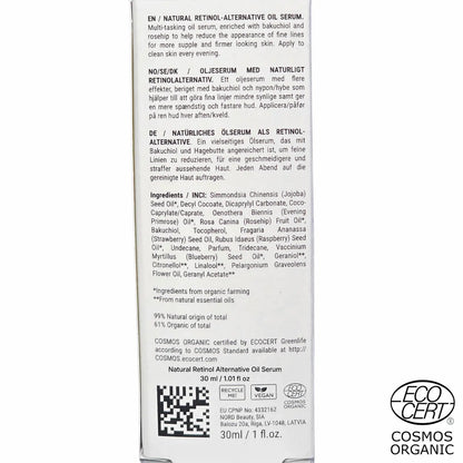 SKINØ Natural Retinol Alternative Oil Serum 30ml baksida – ingredienslista med bakuchiol, nyponolja och jojobaolja, 99% naturligt ursprung, COSMOS ORGANIC ECOCERT vegansk.
