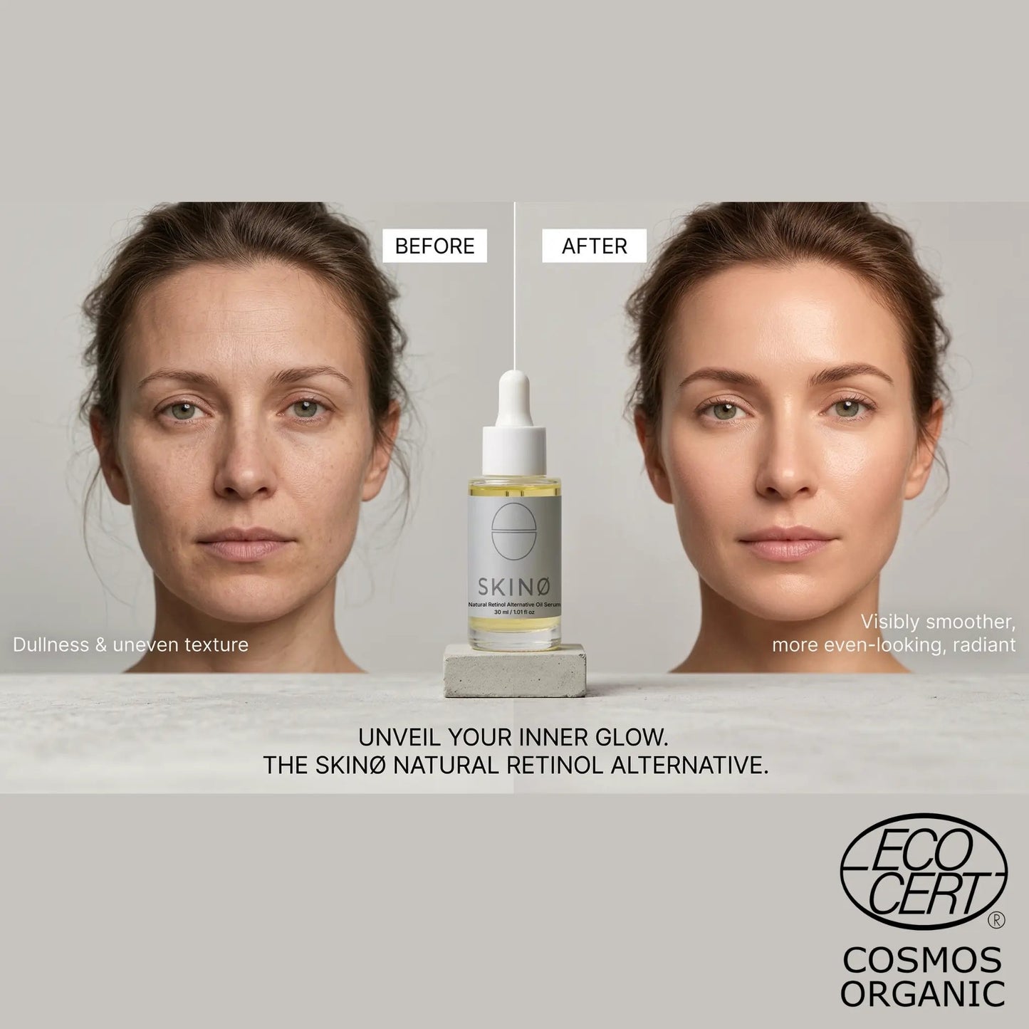SKINØ Natural Retinol Alternative Bakuchiol Serum resultat – before and after med synligt jämnare, stramare och mer strålande hud, naturligt retinolalternativ mot slapp hud och ojämn hudton.