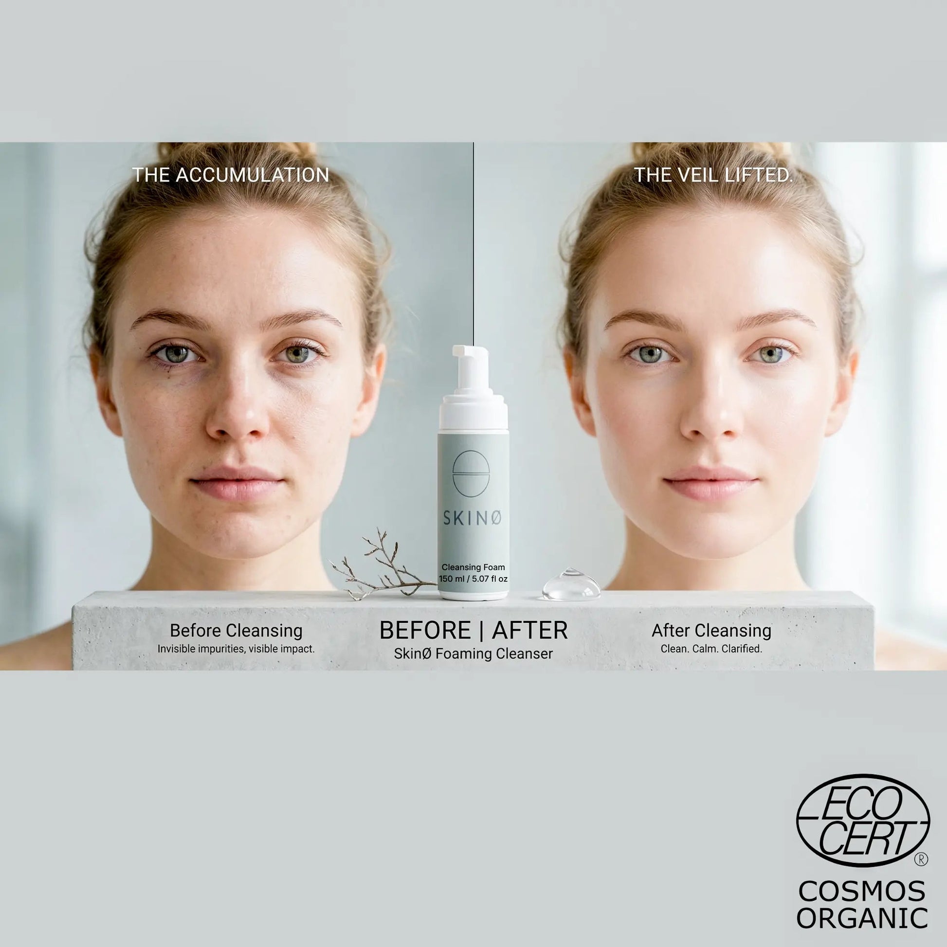Före‑ och efterbild för SKINØ Foaming Cleanser som visar hur produkten avlägsnar osynliga orenheter och ger ren, klar hud.