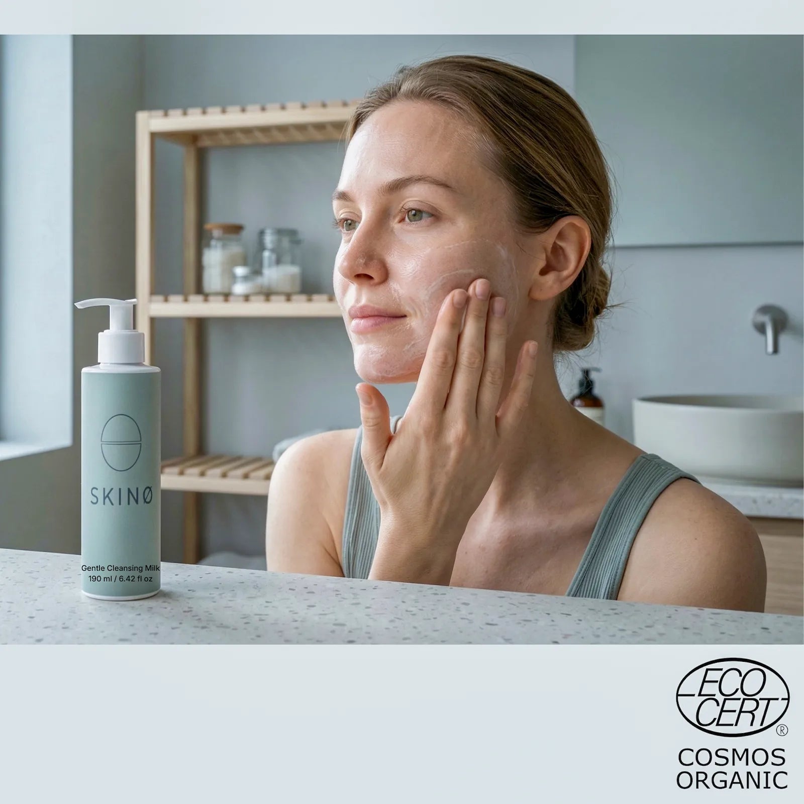 Kvinna som applicerar SKINØ Gentle Cleansing Milk – mjölkaktig 
ansiktsvård med aloe vera och jojobaolja för torr och känslig 
hud, COSMOS ORGANIC certifierad vegansk rengöring.