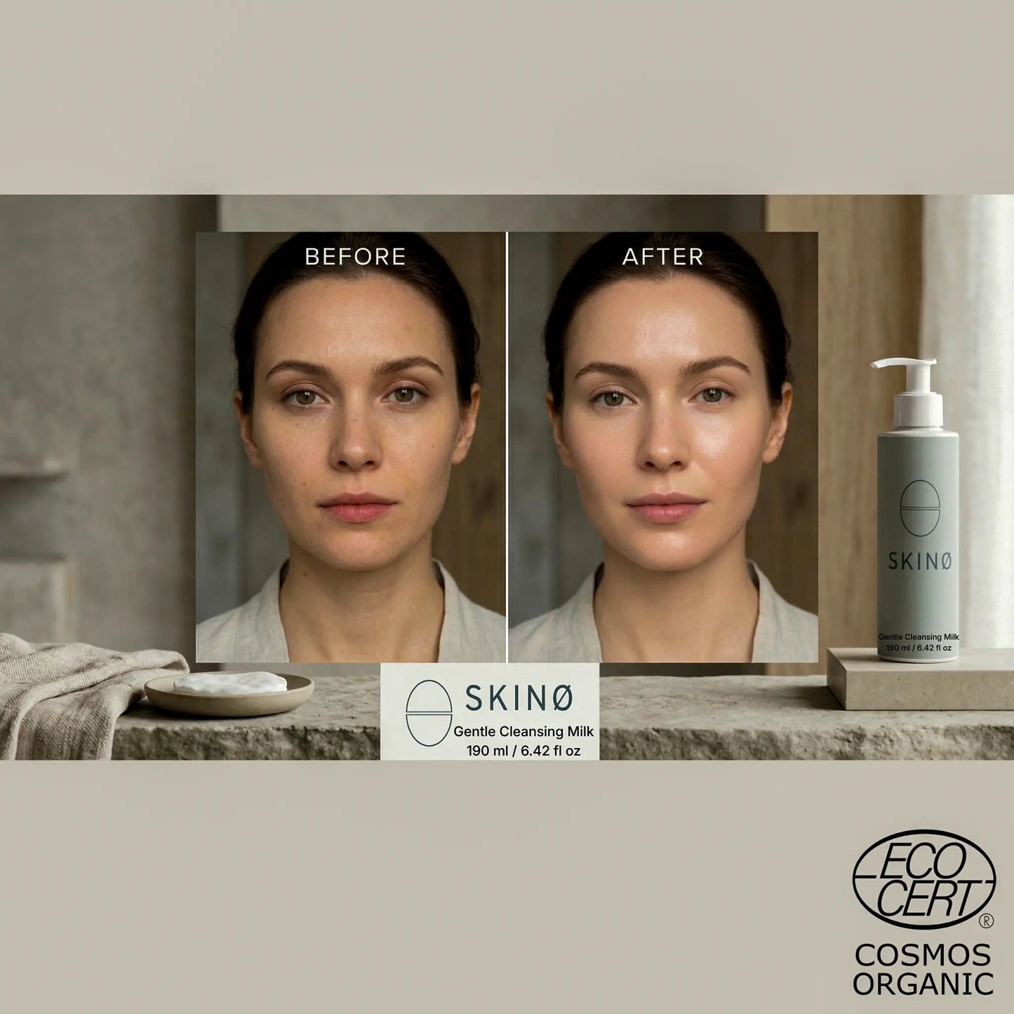 SKINØ Gentle Cleansing Milk before-after resultat – hudforändring 
efter rengöring med mjölkaktig formel för torr och känslig hud, 
klarare och jämnare hudton, COSMOS ORGANIC certifierad vegansk 
ansiktsvård.