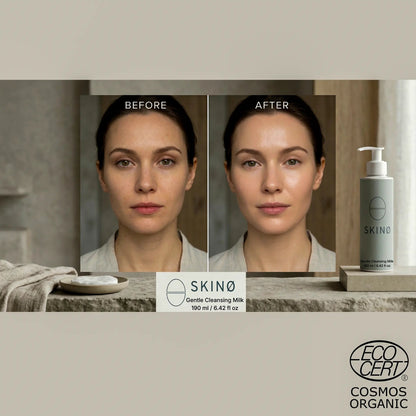 SKINØ Gentle Cleansing Milk before-after resultat – hudforändring 
efter rengöring med mjölkaktig formel för torr och känslig hud, 
klarare och jämnare hudton, COSMOS ORGANIC certifierad vegansk 
ansiktsvård.