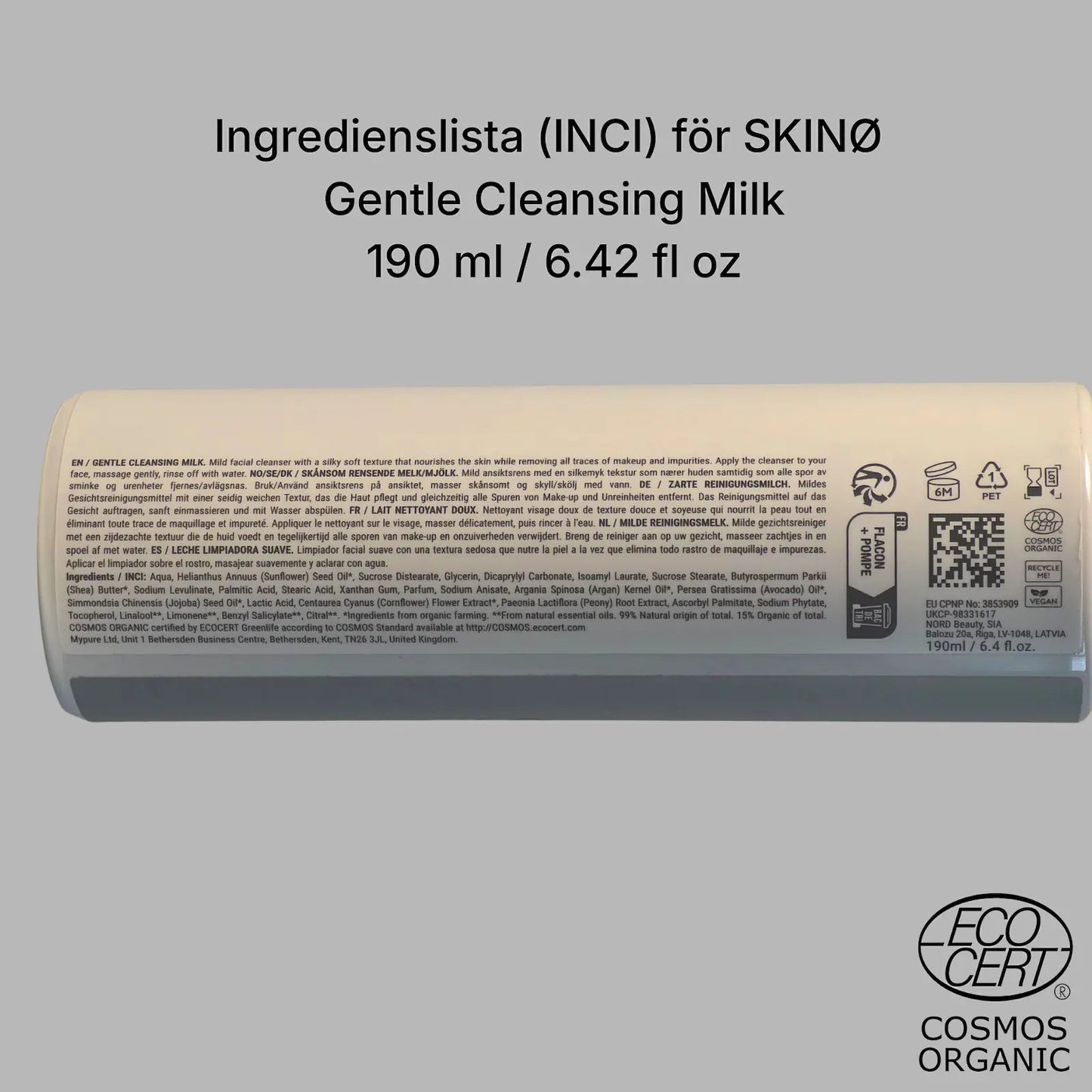 SKINØ Gentle Cleansing Milk 190ml INCI ingredienslista – fullständig deklaration med aloe vera, jojobaolja och ekologiska ingredienser, COSMOS ORGANIC certifierad.