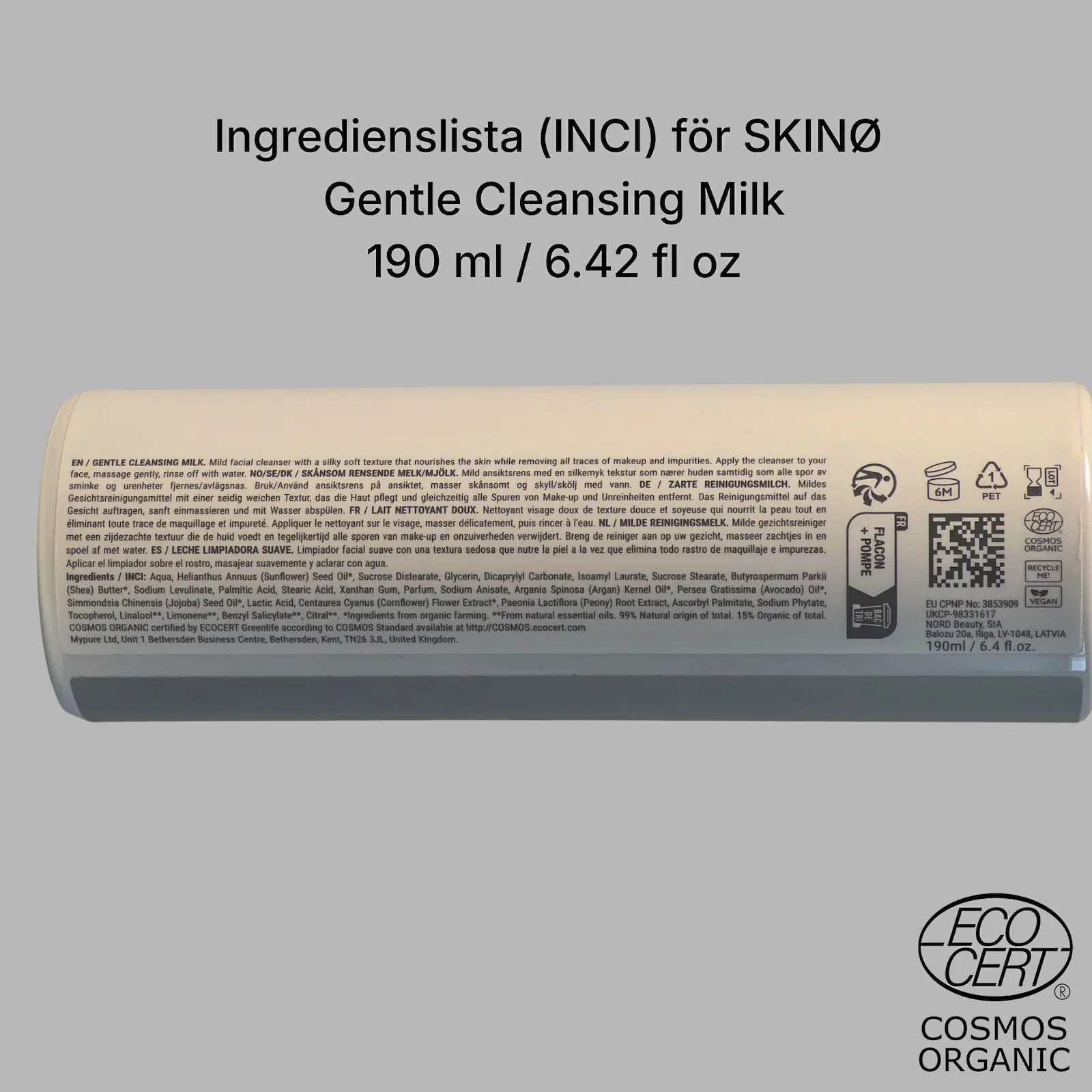 SKINØ Gentle Cleansing Milk 190ml INCI ingredienslista – fullständig deklaration med aloe vera, jojobaolja och ekologiska ingredienser, COSMOS ORGANIC certifierad.