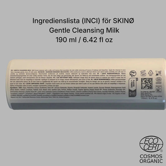 SKINØ Gentle Cleansing Milk 190ml INCI ingredienslista – fullständig deklaration med aloe vera, jojobaolja och ekologiska ingredienser, COSMOS ORGANIC certifierad.