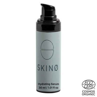 SKINØ Hydrating Serum 30ml – fuktgivande gel-serum med hyaluronsyra och ekologisk hjortronextrakt, djup återfuktning för torr och känslig hud, ECOCERT COSMOS ORGANIC certifierad vegansk hudvård.
