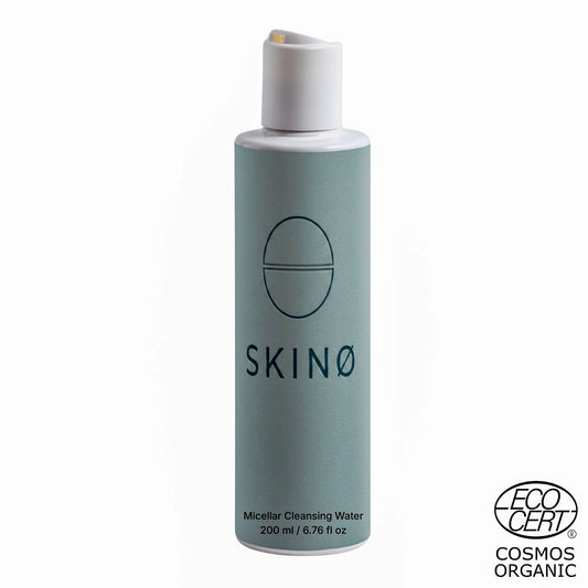 SKINØ Micellar Rengöringsvatten 200ml - ekologiskt certifierad ECOCERT COSMOS ansiktsrengöring i salviagrön flaska.
